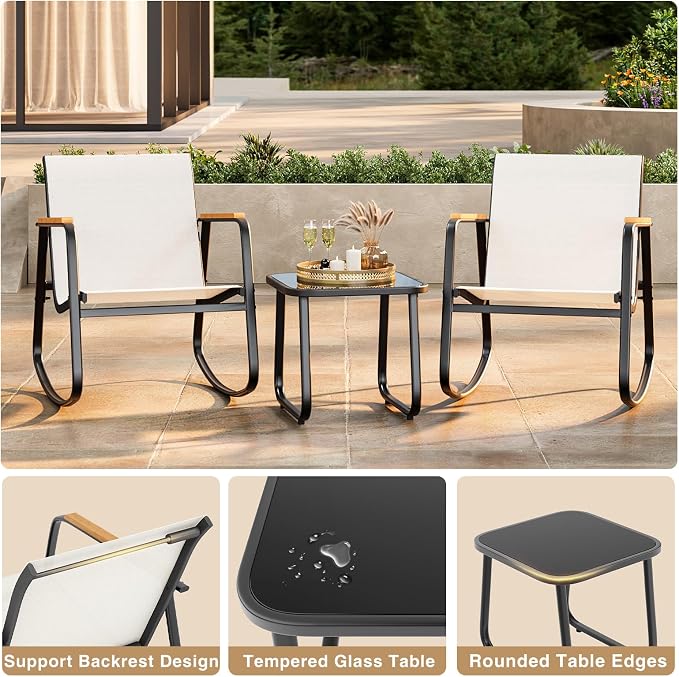 Ahomly 3 Pieces Patio Furniture Set, Outdoor Textilene Furniture Set with Wooden Armrests, Coffee Table with Tempered Glass Tabletop, Patio Chairs for Lawn, Balcony, White