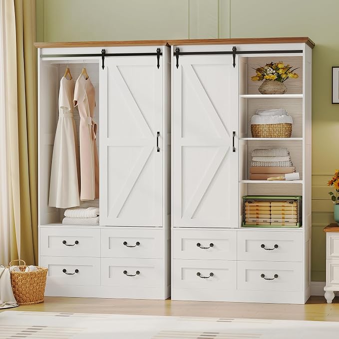 IRONCK Armoire Wardrobe Closet with 4 Drawers,71" Wardrobe Cabinet with Sliding Barn Doors, Tall Clothing Storage Cabinet with Hanging Rod and Shelves for Bedroom, White