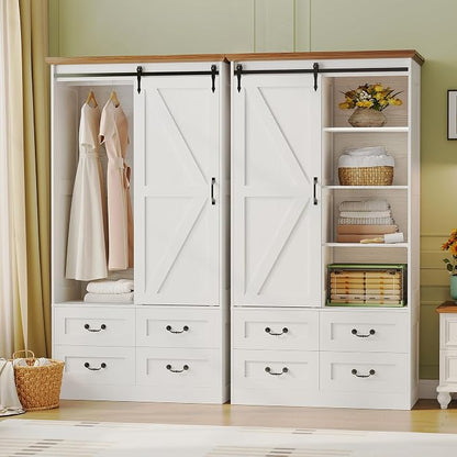 IRONCK Armoire Wardrobe Closet with 4 Drawers,71" Wardrobe Cabinet with Sliding Barn Doors, Tall Clothing Storage Cabinet with Hanging Rod and Shelves for Bedroom, White