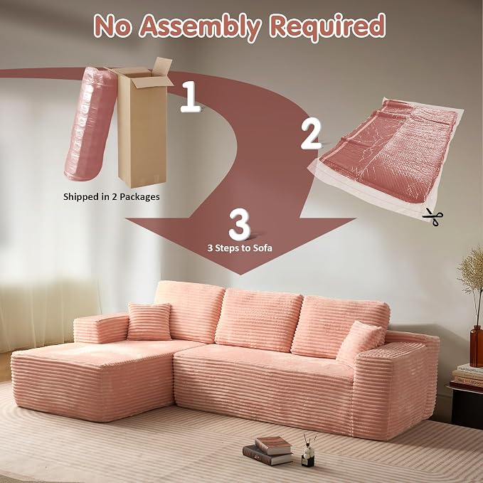 ovios 104" Cloud Boneless Couch with L-Shape Chaise,Modern Sectional Modular Sofa with Deep Seat, Upholstered Couches for Living Room Bedroom,No Assembly Required, Pink (Plush Corduroy Fabric)