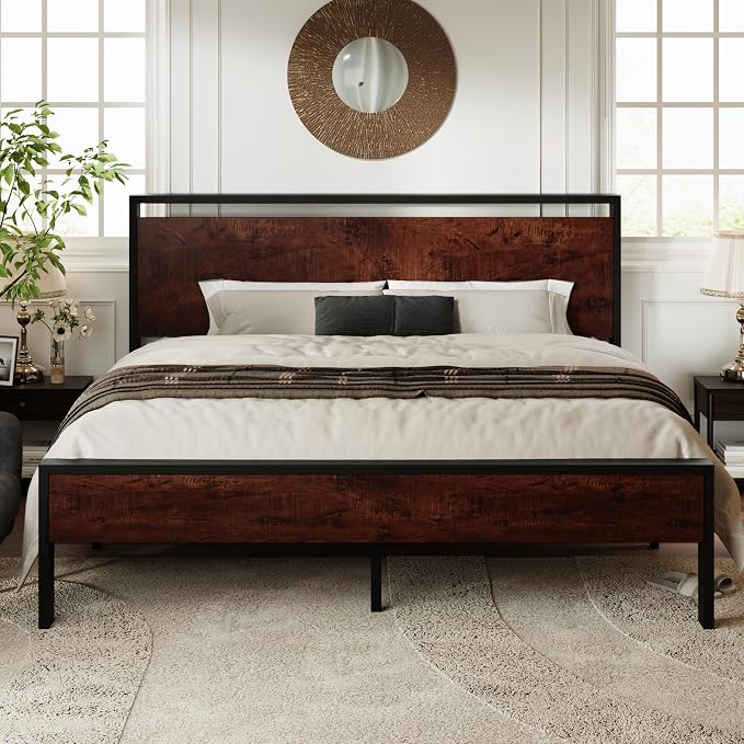 Allewie King Size Platform Bed Frame with Wooden Headboard and Footboard, Heavy Duty 12 Metal Slats Support, No Box Spring Needed, Under-Bed Storage, Noise Free, Easy Assembly, Mahogany