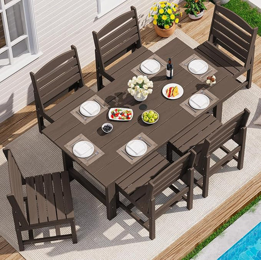 SERWALL Patio Dining Sets for 6 Person, HDPE Dining Set with 6 Armless Chairs, Coffee