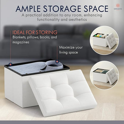 Ornavo Home Small Storage Ottoman, Set of 2, Foldable Collapsible Rectangle Linen Ottoman Foot Rest Stool Seat, for Living Room, Bedroom, Home Office, Dorm - 12 x 16 x 12, White