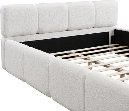 Merax Queen Size Boucle Platform Bed with Thick Headboard and Footboard, Block Style Upholstery Grounded Bed Frame, White