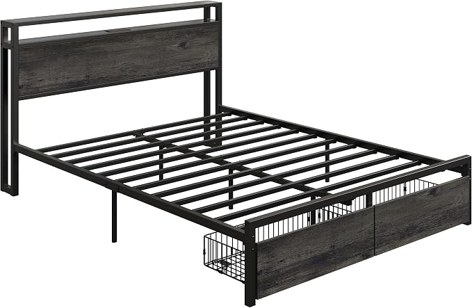 LIKIMIO Queen Bed Frame with 2 2-Tier Storage Headboard, Platform Bed with 2 Drawers and Charging Station, No Box Spring Needed, Easy Assembly, Charcoal Grey