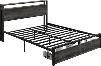 LIKIMIO Queen Bed Frame with 2 2-Tier Storage Headboard, Platform Bed with 2 Drawers and Charging Station, No Box Spring Needed, Easy Assembly, Charcoal Grey