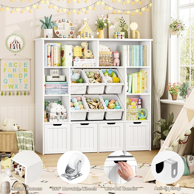 FINETONES Toy Storage Organizer with 6 Toy Bins, Large Toy Organizers and Storage with 4 Movable Drawers and 6 Storage Cubbies, Kids Toy Storage and Toy Chest for Playroom and Kids Room, White