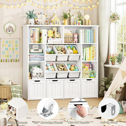 FINETONES Toy Storage Organizer with 6 Toy Bins, Large Toy Organizers and Storage with 4 Movable Drawers and 6 Storage Cubbies, Kids Toy Storage and Toy Chest for Playroom and Kids Room, White