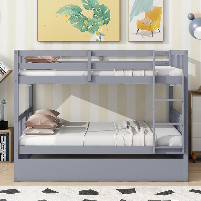 Bellemave Full Over Full Bunk Bed with Trundle,Convertible Bunk Beds with Ladder & Safety Guardrails,Full Size Trundle Bunk Beds for Kids Girls Boys,Grey