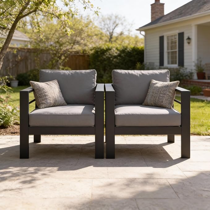 Kiss the Water 2 PCS Aluminum Outdoor Patio Sofa Set, All Weather Rust-Proof Metal Patio Couch, Modern Outdoor Furniture for Backyard Porch Garden, 5" Thick Waterproof Olefin Cushions, Light Grey