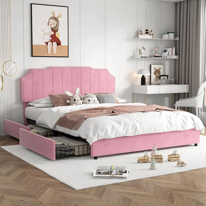 VECELO Queen Velvet Upholstered Platform Bed Frame with 4 Rollers Storage Drawers,Queen Size Bed with Tufted Height Adjustable Headboard,Wooden Slats/No Box Spring Needed/Easy Assembly