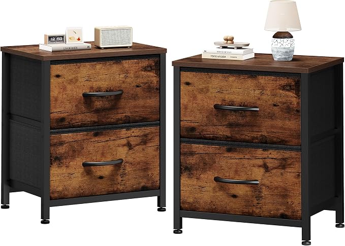 Sweetcrispy Nightstand Set of 2 with 2 Storage Drawers, Small Bedside Table | 20" Height Furniture End Table, Wooden Top Fabric Cabinet for Bedroom, Closet, Entryway, Brown 2PC
