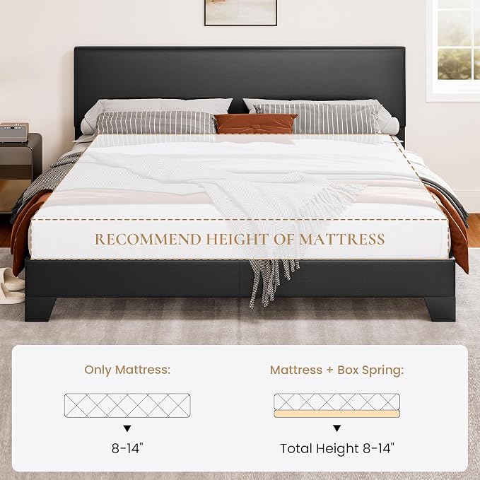 SHA CERLIN PU Leather Upholstered King Size Bed Frame with Headboard,Black | Adjustable Low-Profile Platform Bed, Minimalist Design, Stable Mattress Foundation, Strong Back-Support, No Box Spring Needed