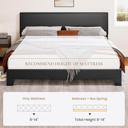 SHA CERLIN PU Leather Upholstered King Size Bed Frame with Headboard,Black | Adjustable Low-Profile Platform Bed, Minimalist Design, Stable Mattress Foundation, Strong Back-Support, No Box Spring Needed