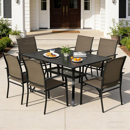 SUNCROWN 7 - Piece Outdoor Dining Set, Patio Furniture Set with 6 x Textilene Dinning Chairs and 1 Steel Slat Metal Bistro Table for Lawn Garden Backyard Deck, Brown