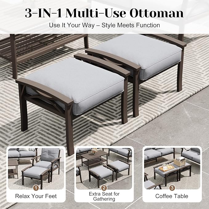 FansaFurn 7-Pieces Outdoor Patio Furniture Set with 43" Fire Pit Table, Outdoor Metal Sectional Sofa with Cushions, Outdoor Conversation Set for Garden, Balcony, Deck, Backyard, Grey
