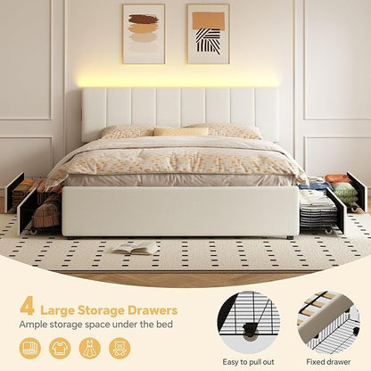 King Size Upholstered Platform Bed with 4 Storage Drawers | 4 Storage Drawers, USB/Type-C Charging,APP-Controlled LED Lights,No Box Spring Needed,Beige Chenille Fabric,Easy to Assemble