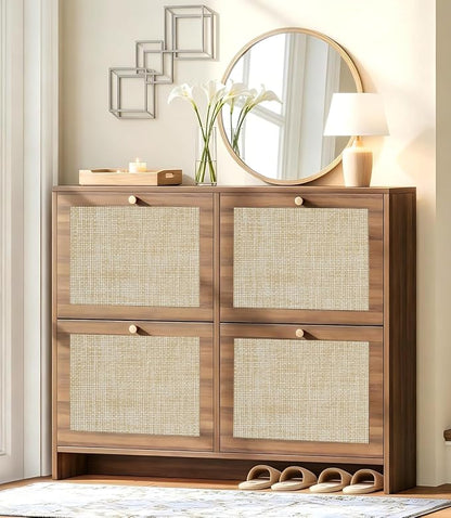 Nicetree Shoe Cabinet Storage for Entryway, 4-Flip Drawer Narrow Shoe Rack with Adjustable Shelves, Boho Modern Square Rattan Shoe Organizer, Slim Wood Storage Cabinets for Small Spaces Fits Size 13.5