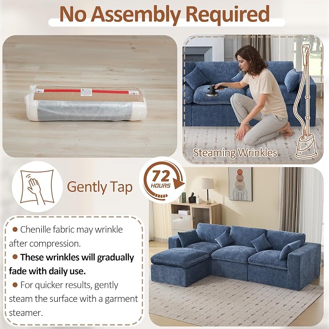 115''Cloud Boneless Sectional Couch, Modular Sectional Sofa Deep Seat with Ottoman, Oversized Upholstered Convertible Comfy 4 Seater Chenille Sofa L Shape Couches for Living Room, Blue