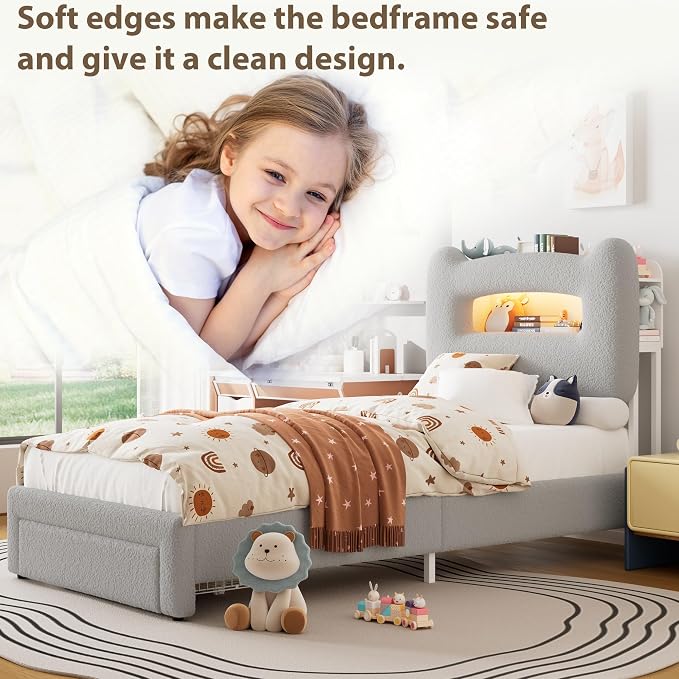 GarveeHome Led Twin Bed Frame for Kids with Drawer, Upholstered Sturdy Platform Bed with Storage Headboard and Charging Station, Noise Free, Easy Assemble, for Girls/Boys, Grey