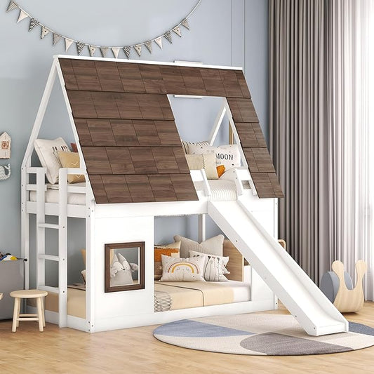 YOPTO Wood Twin Size House Bunk Bed with Roof, Ladder and Slide,Bedroom Low Loft Bed Frame,W/Guardrail,No Box Spring Needed,for Kids,Teens,Girls,Boys White+Brown