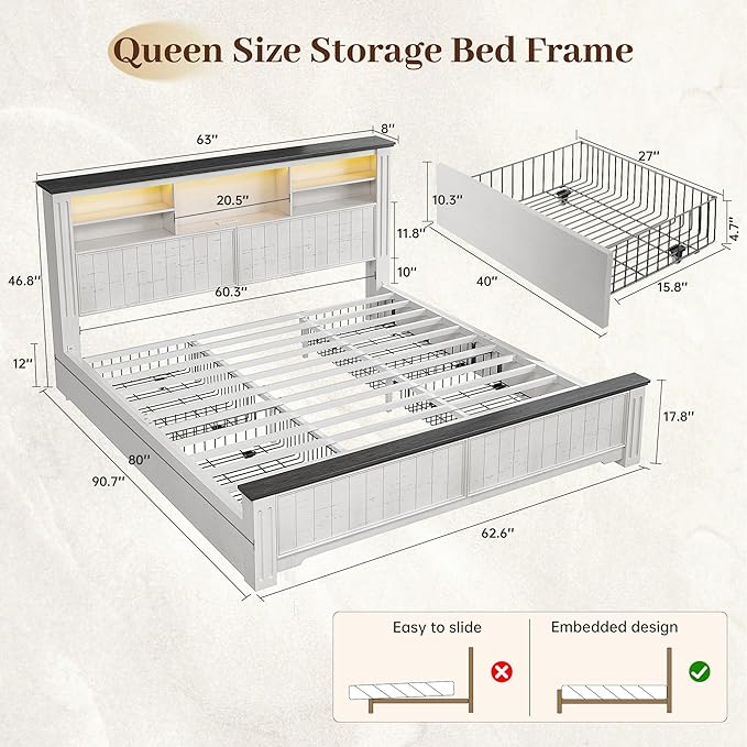 EnHomee Queen Bed Frame with Headboard, and 4 Storage Drawers, LED Lights & Charging Ports,No Box Spring Needed for Apartment,Noise-Free,Wooden, White