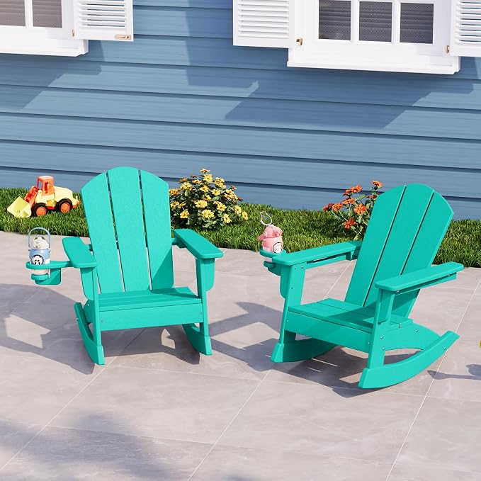 Costaelm Paradise Kids Outdoor Preschool HDPE Plastic Classic Adirondack Rocking Chair (Set of 2), Turquoise