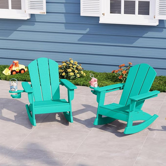 Costaelm Paradise Kids Outdoor Preschool HDPE Plastic Classic Adirondack Rocking Chair (Set of 2), Turquoise