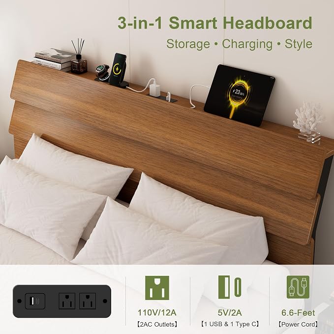 Feonase Floating Bed Frame King with Led Lights and Charging Station, Wood Full Size Bed Frame with Storage Headboard, Heavy Duty Metal Slats, No Box Spring Needed, Easy Assembly,Walnut