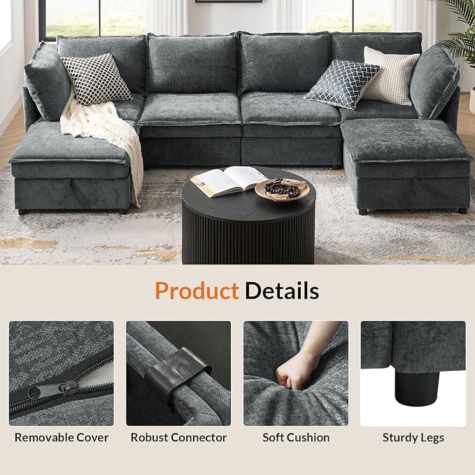 HULALA HOME 127'' Modular Sectional Sofa, Oversized U Shaped Couch with Storage Ottoman, Comfy Chenille Sofa with Deep Seat, 6 Seat Convertible Couches for Living Room, Grey