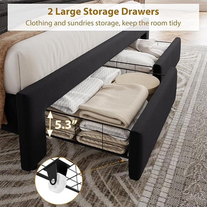 GarveeHome Queen Size Bed Frame with Storage Drawers — Velvet Upholstered Platform Bed with Vintage Headboard, Wooden Slat Support, Noise-Free, No Box Spring Needed, Black