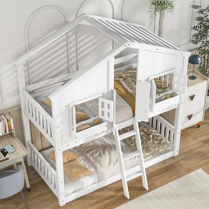 Twin over Twin House Bunk Bed with Roof,Windows,Door,Window Boxes,Safety Guardrails & Ladder,Pine Wood Frame,Low-Height Kids Bunk Beds for Bedrooms,Playful Loft Bed with Easy Assembly, White