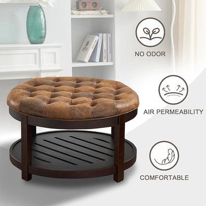 adochr Round Coffee Tables for Living Room,33’’ Storage Ottoman with Wooden Tray, Upholstered Ottoman Footrest, Light Brown