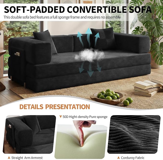 78.8" Convertible Sofa Bed with Armrest Pillow, 4-in-1 Sleeper Couch Bed for Livingroom, Modular Corduroy Boneless couches, No Assembly (Black)