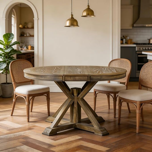 LUMISOL 42"-54" Extendable Round Dining Table for 4-6, Farmhouse Round to Oval Kitchen Table with 12" Removable Leaf and Pedestal Base, Wood Dinner Tables for Dining Room, Living Room, Natural