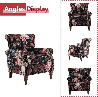 HULALA HOME Modern Wingback Accent Chairs Set of 2 with Wood Legs & Removable Cushion, Comfy Upholstered Armchairs with Nailhead Trim, Floral Pattern Single Sofa Chairs for Living Room Bedroom, Black