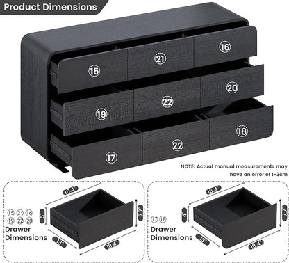 Standifurno Dresser for Bedroom, Modern Cuved Dresser with 9 Drawers,Black Dresser with Handleless Design, Closet Storage Dresser, 15.43" D x 57" W x 28.3" H (9 Drawers)