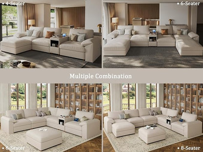 EASE MOOSE Oversized Corner Modular Sectional Sofa with Ottoman and Console, Faux Leather Sectional Sofa with Deep Seat, Scratch Resistant Faux Leather Material, Extra Large L Shaped Couch, Beige