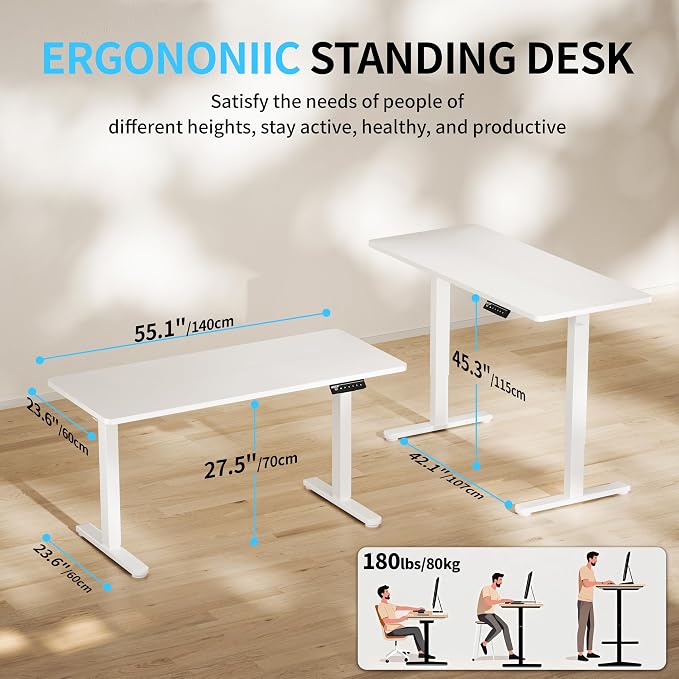 BIZUM Electric Standing Desk, 55x24 inches Height Adjustable Desk, Sit to Stand Desks Memory Gaming Computer Workstation for Home Office, White