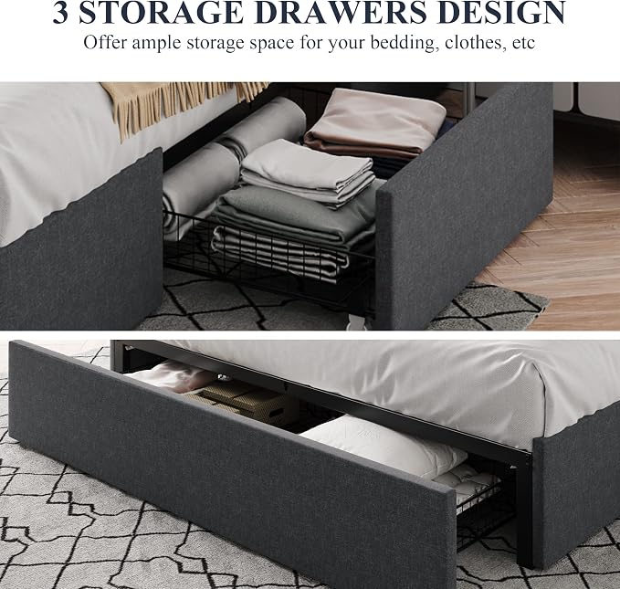 Allewie Queen Size Platform Bed Frame with 3 Storage Drawers, Fabric Upholstered, No Box Spring Needed, Metal Slats Support, Easy Assembly, Dark Gray