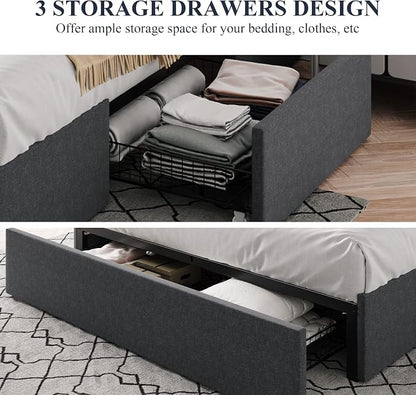 Allewie Queen Size Platform Bed Frame with 3 Storage Drawers, Fabric Upholstered, No Box Spring Needed, Metal Slats Support, Easy Assembly, Dark Gray