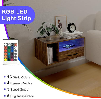 Homaterial Floating Nightstand with Charging Station and LED Lights, Floating Bedside Table with Drawers Wall Mounted Nightstands,for Bedroom Room, 21.3" x 11.8" x 10",Rustic Brown