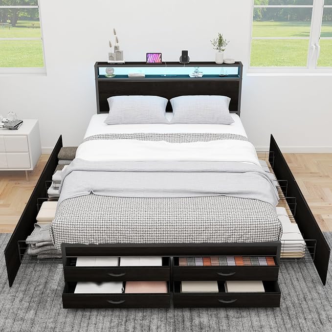 Zevemomo Full Bed Frame with 8 Storage Drawers, Full Metal Bed Frame with LED Light and Charging Station, Heavy Duty Metal Slats, No Box Spring Needed, Black