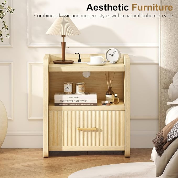 Night Stand with Charger Station - Modern Wood Nightstand with Drawer Storage, Fluted Wide Nightstands Bedside Table, Mid Century Night Stands for Bedroom Home Office Sofa, Natural