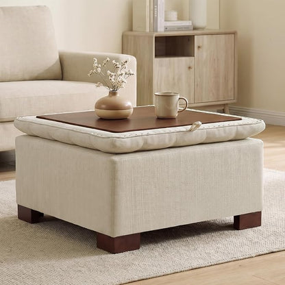 24 Inch Square Storage Ottoman Coffee Table, Modern Tufted Upholstered Ottoman with Flip Tray and Solid Wood Legs, Suitable for Living Rooms, Linen Khaki