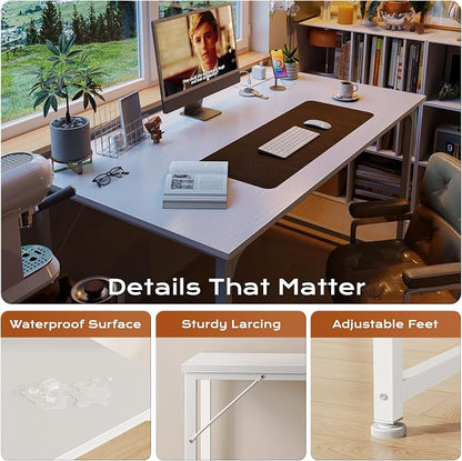 PRAISUN 47 X 24 Inch Deeper Desk with Power Outlets | Computer Desk for Bedroom, Office Desk for Work from Home, Writing Study Gaming Table, Stable Metal Frame, White