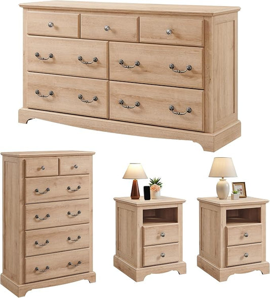 T4TREAM Farmhouse Dressers & Night Stand Set of 4, 54" Wide 7 Drawer Dresser & 48" Tall 6 Drawers Chests, 18" Wide 2 Drawers Side Table Set of 2, Furniture Dresser Sets for Home, Natural Oak