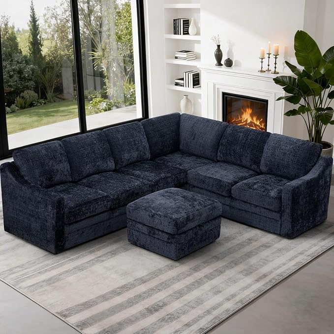 115 Inches Chenille Sectional Sofa with Storage Ottoman, Modern 7 Seats Corner Couch with Deep Seat, Comfy Modular U Shaped Couch with Comfortable Cushions for Living Room, Blue