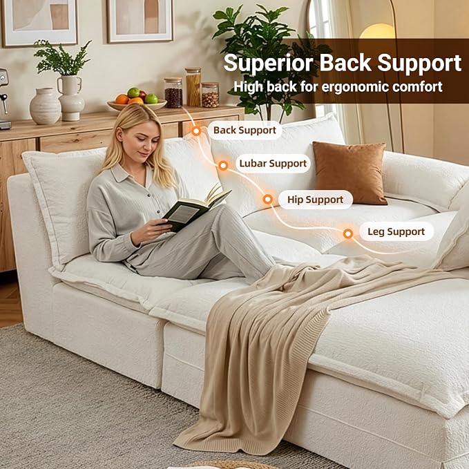 Claiks 123" Modular Boneless Couch, U Shaped Couch for Living Room, Modern Deep Seat Sofa 3 Seater Chenille Fabric Comfy Cloud Couches with Movable Ottoman, Beige