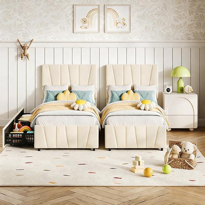 Twin Size Bed Frame with Upholstered Headboard & 2 Storage Drawers with Wheels, Platform Bed Frame with Wooden Slat Support, Adjustable Headboard, No Box Spring Needed, Noise-Free, for Bedroom
